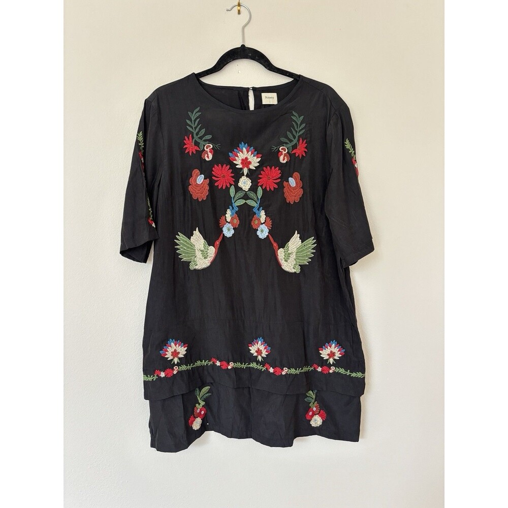 Runway Black Embroidered Bird Floral Folk Boho Tunic Dress Large